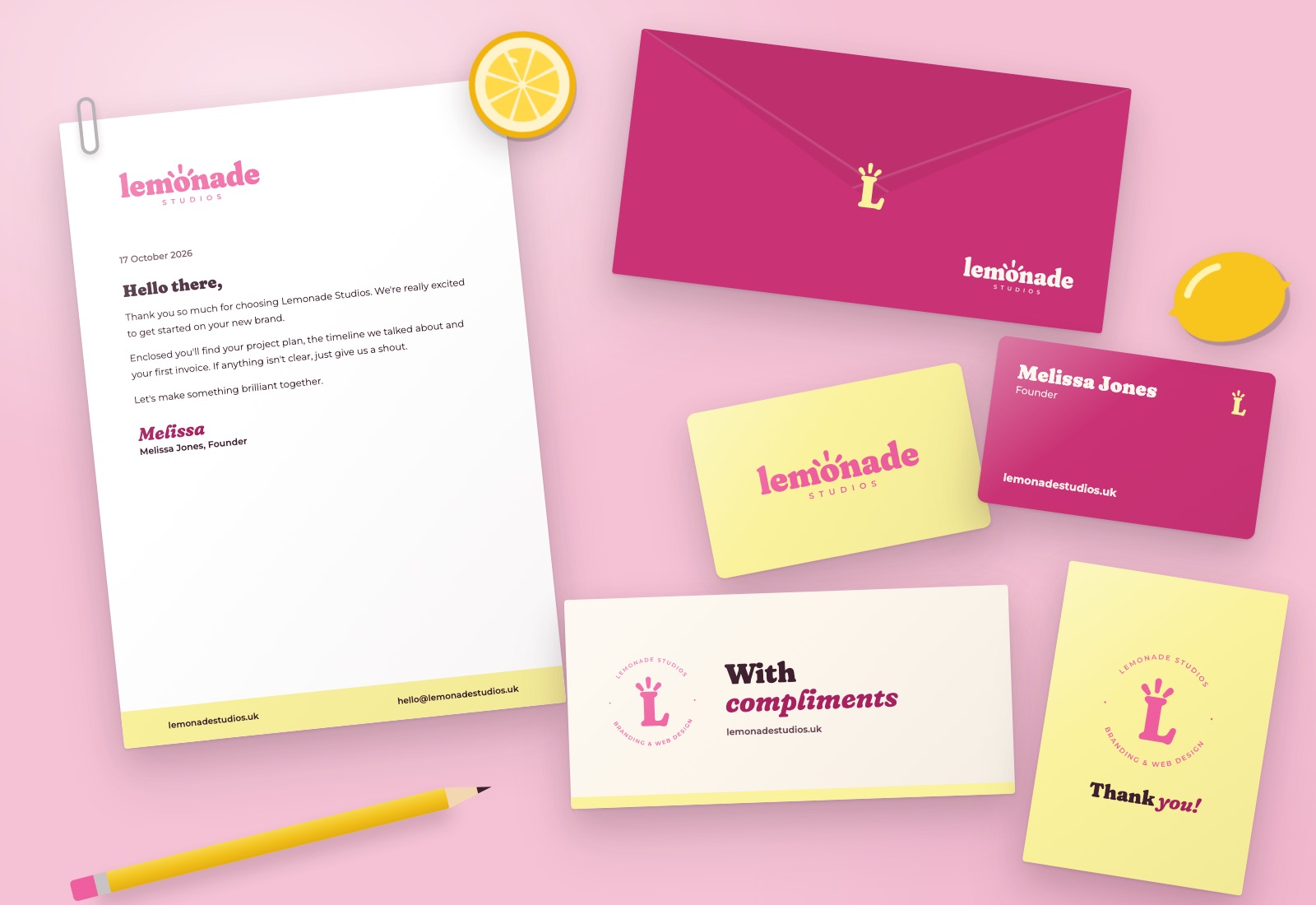 Lemonade Studios stationery: letterhead, envelope, business cards, compliment slip and thank-you card