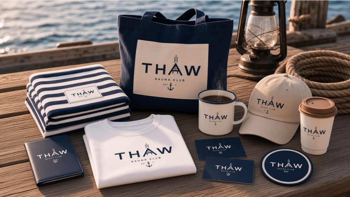 THAW merchandise on a jetty: striped towel, tote, enamel mug, cap, tee and cards.