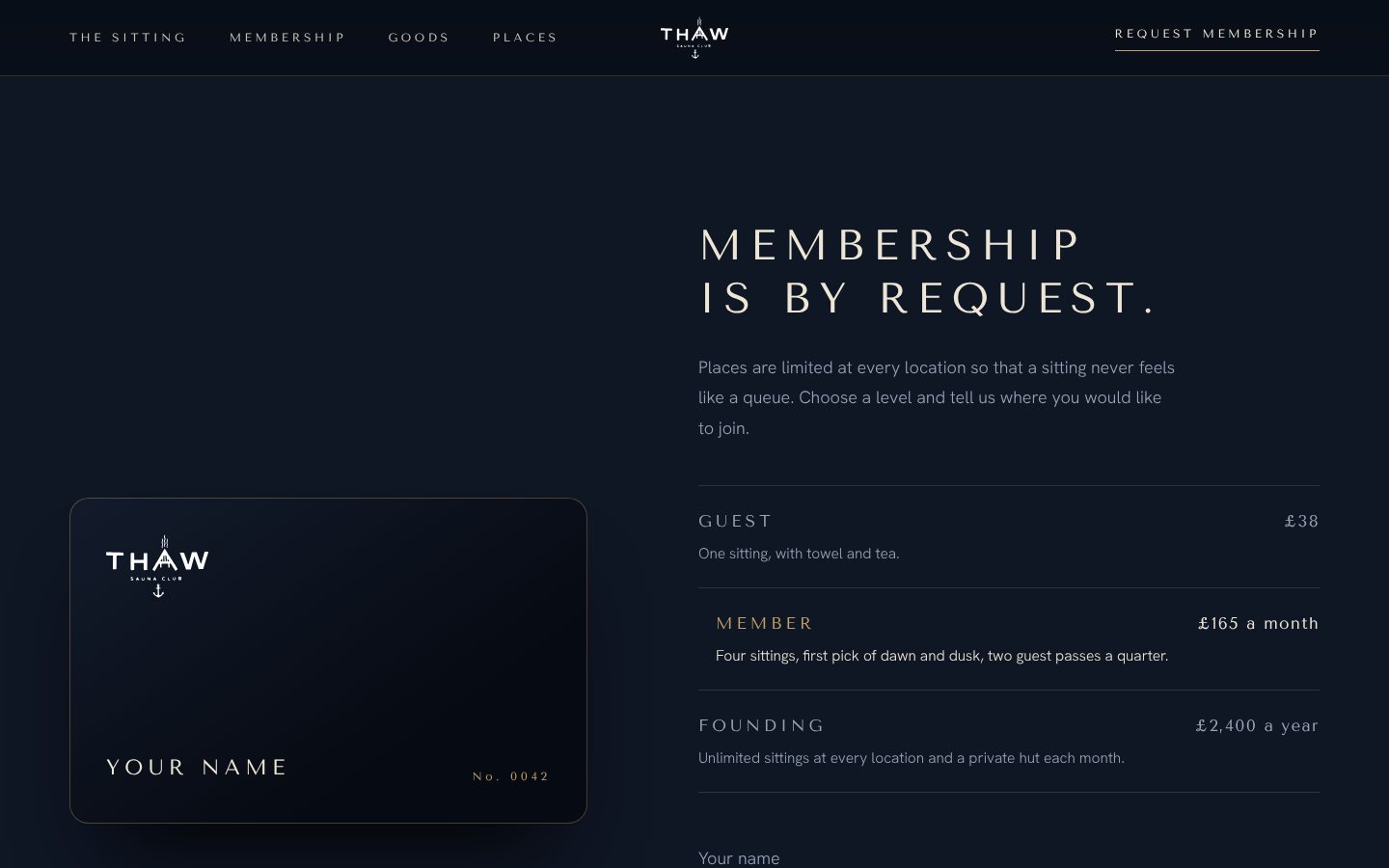The membership section with a black THAW membership card and a request form.