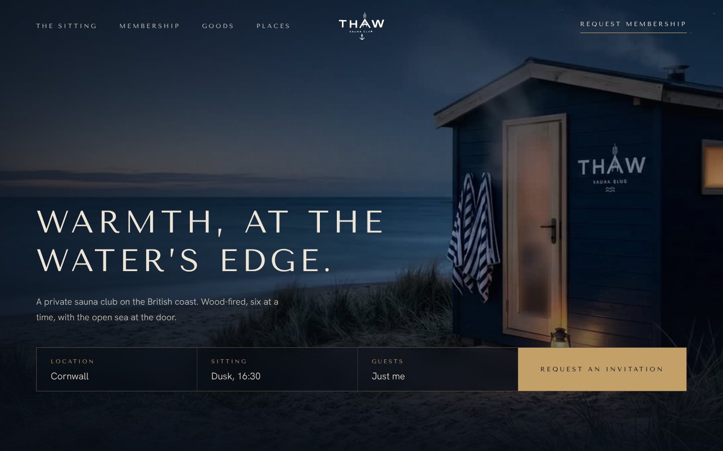 The THAW Sauna Club home page: a navy sauna hut at dusk on the beach, with the headline Warmth, at the water's edge and a request bar.