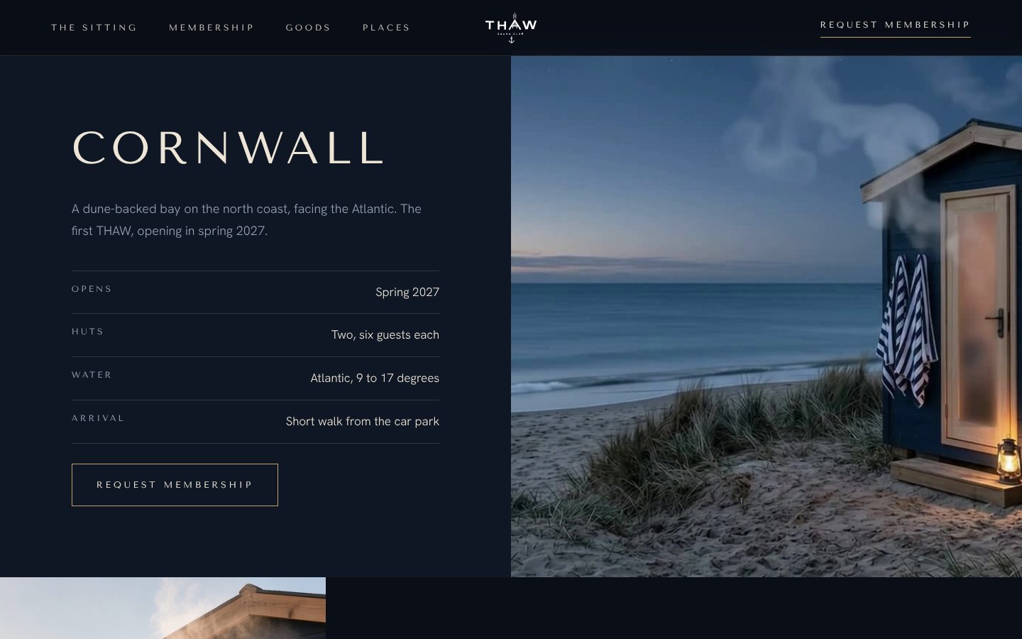 The Places page showing the Cornwall location with details and a photo of the hut at dusk.