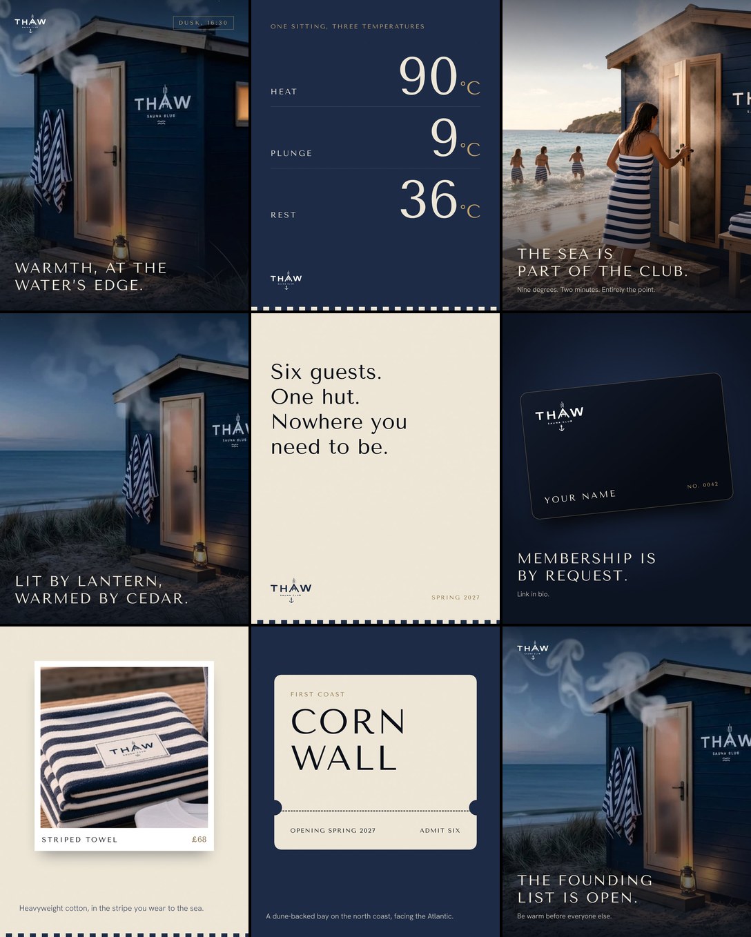 The nine-post THAW grid: dusk hut, temperatures, sea swim, lantern, quote, membership card, towel, Cornwall ticket and founding list.