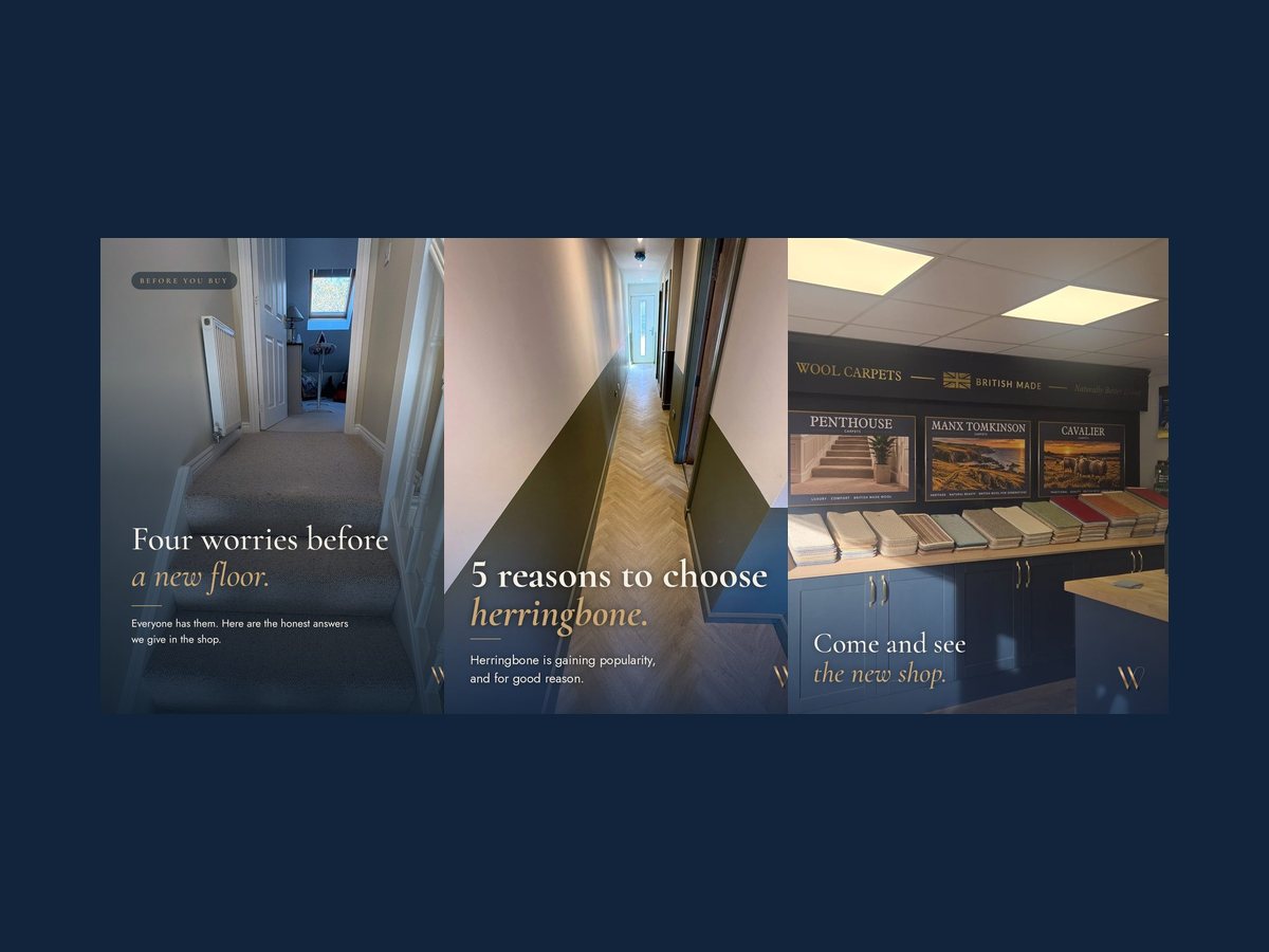 Three Wallace Carpets & Flooring Instagram posts in navy and gold