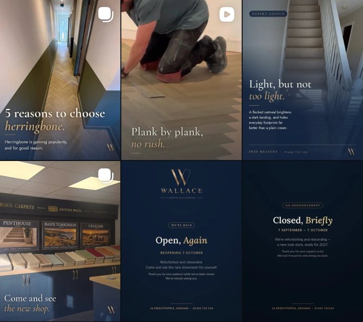 Wallace's Instagram after: navy and gold posts with real job photos, the new shop, the reopening and the closure announcement.
