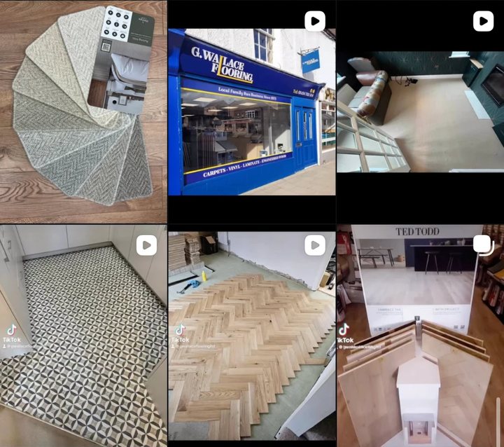Wallace's Instagram before: a mix of phone photos, reshared TikTok videos and an old shopfront picture, all in different styles.