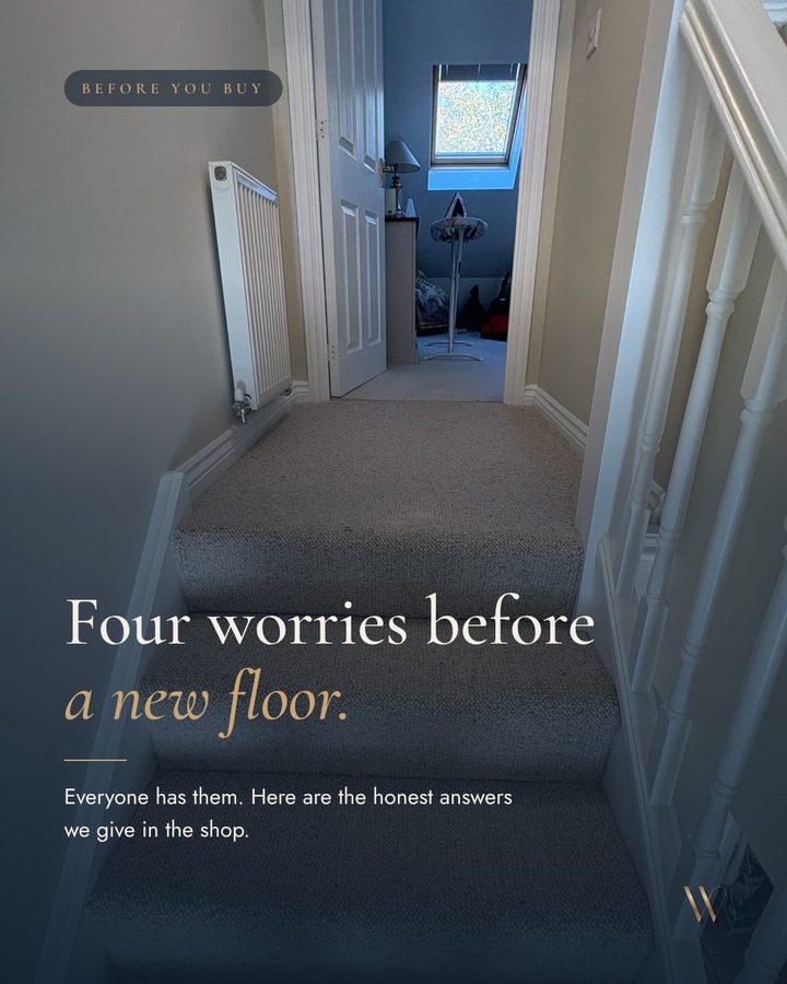Wallace post: Four worries before a new floor, over a photo of a carpeted landing.