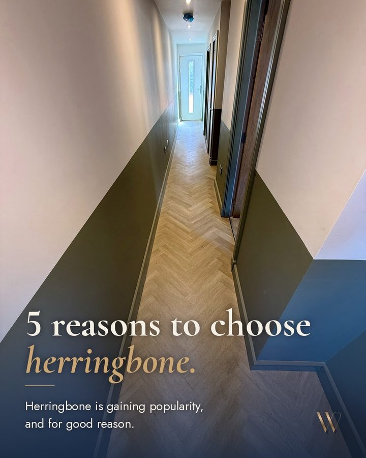 Wallace post: 5 reasons to choose herringbone, over a photo of a herringbone hallway.